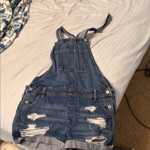 American Eagle Outfitters Distressed Denim Short Overalls - Blue